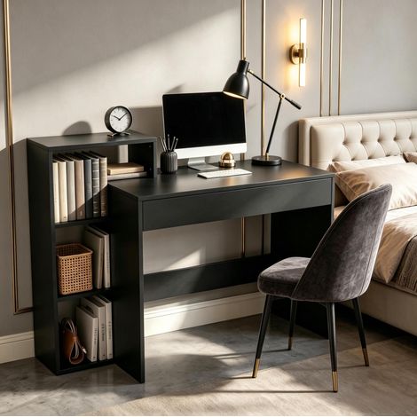 Scrivania per computer con 3 ripiani e cassetto, 100 x 40 x 90 cm, nero, OKWISH (1/5)