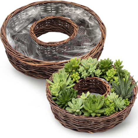 Rattan Pflanzring natur mit Folie 2er Set - 40 / 30 cm - Weide Blumenschale zum direkten Bepflanzen