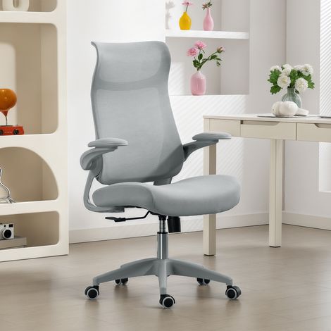 Chaise de bureau gris ergonomique pivotante en maille avec soutien lombaire, accoudoirs pliables et appuie-tête basculant