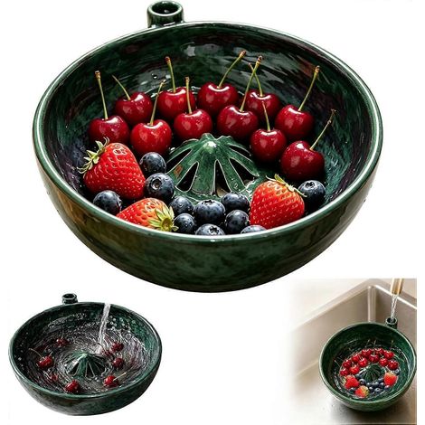 Bol à fruits à rotation automatique en céramique avec trous d'égouttage, lave-fruits avec passoire et égouttoir, outil de lavage pour fruits (1/5)