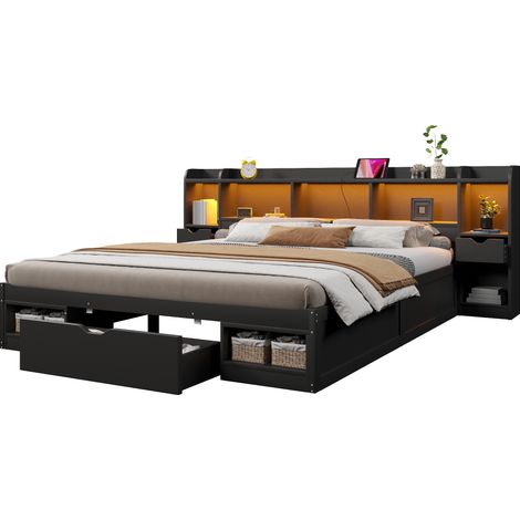 Lit plateforme 180x200 cm avec tête et pied de lit, rangements intégrés, 3 tiroirs, LED 7 couleurs et ports USB, noir, pour chambre moderne - CHICFURN (1/5)