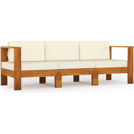 Canapé de Jardin 3 Places en Bois d'Acacia avec Coussins Blanc Crème (1/5)