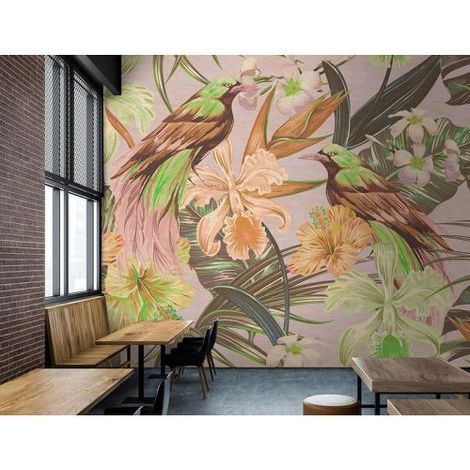 Papier peint panoramique oiseaux vert & beige Tapisserie panoramique exotique fleurie idéale salon Papier peint panoramique tropical pour escalier (1/3)