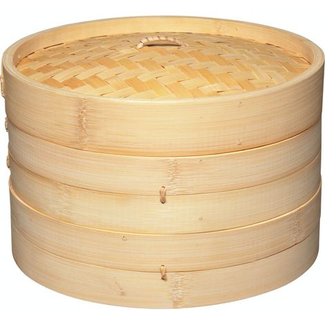 KitchenCraft World Of Flavours Vaporera Asiática de Madera de Bambú con Cubierta 2 Niveles 25.5 x 16 x 16 cm