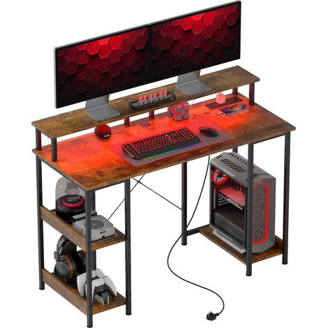 LED Computer Desk, with Power Outlets Shelves - Rustic Brown (1/5)