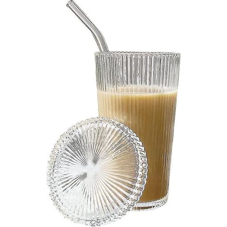 Tasses en verre avec couvercles et pailles, mug à café en verre côtelé à rayures verticales de 375 ml, gobelet en verre pour C (1/5)