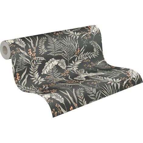Papier peint nature feuillage sur fond noir Tapisserie à motif floral blanche idéale pour chambre Papier peint à fleurs orange pour couloir (1/5)
