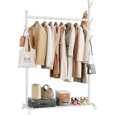 APPASO Clothes Rail Collection Portable Heavy Duty For Bedroom, Home & Shops, 50KG Load Clothes Rack With Storage Shelf, Metal Clothing Rail For Hanging Garments, Stainless Steel White (1/5)