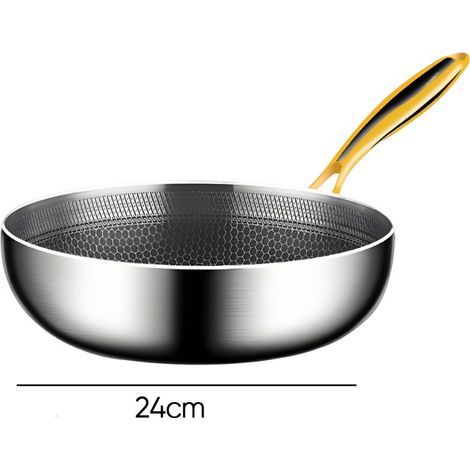 Poêle à frire, Poêle antiadhésive, 24cm, Acier inox, usage domestique, gaz et plaques induction, Poignée dorée, thermique uniforme (1/5)
