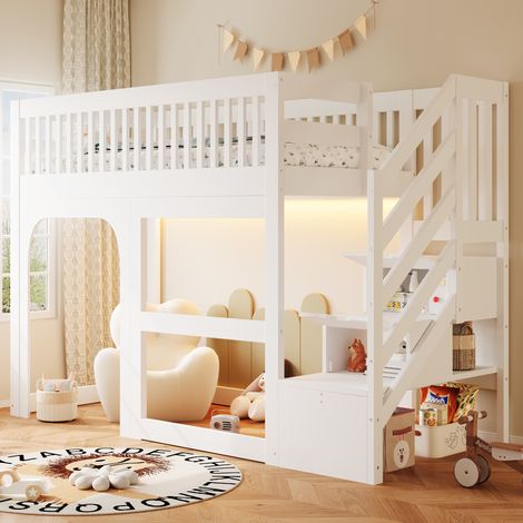 CHICFURN Cama alta infantil 90x200 cm de madera blanca con almacenaje, LED y zona de juego (1/5)