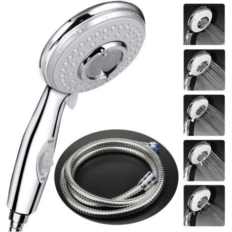 Pommeau Douche + 2 M Tuyau de Douche Flexible,Pommeau de Douche avec Tuyau, 5 Modes Economiseur d'eau et bouton de l'interrupteur, Haute Pression Douchette Pommeau Acier Inoxydable- (1/4)