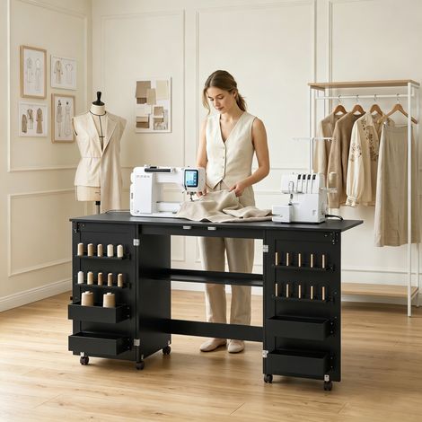 Table Couture Pliante Roulettes, 2 Portes Magnétiques, 4 Bacs, 20 Crochets, 160x40x83 cm, Noir (1/5)