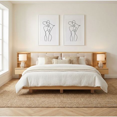 Letto matrimoniale flottante moderno 180x200 cm in legno ingegnerizzato naturale con testiera imbottita, ripiani, cassetti e USB