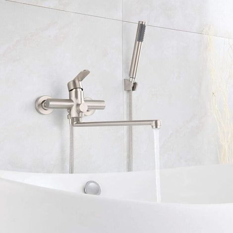 Bathtub Mixer with Hand Shower Wall Mounted Shower Faucet Brushed Stainless Steel Outlet 35 cm (1/4)