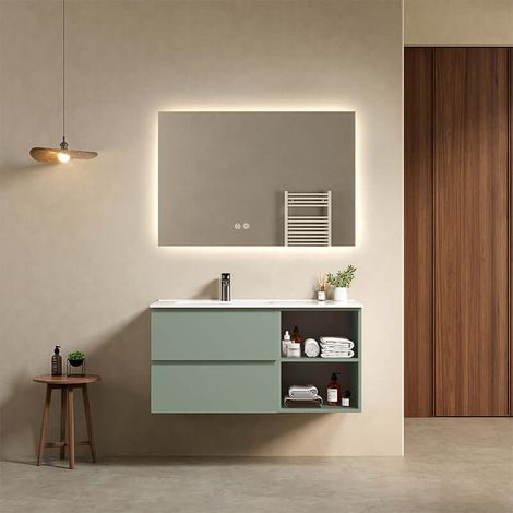 Mobile bagno sospeso 100 cm Verde Salvia Lavabo a Sinistra in Ceramica Specchio Quadro Retroilluminato - Fiji Paint Plus (1/4)