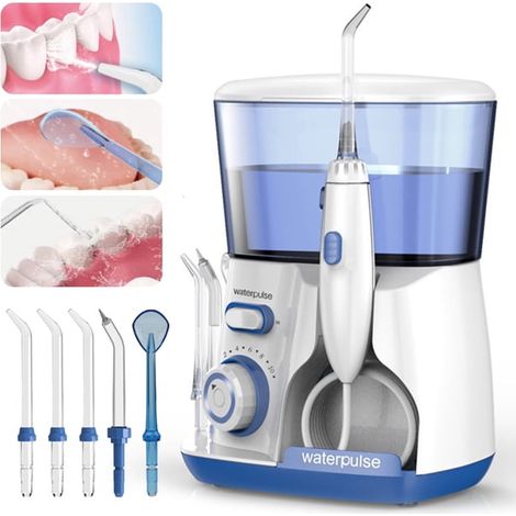 Elektrische Munddusche mit 800 ml Fassungsvermögen und 5 einstellbaren Wasserstrahlen für optimale Mundhygiene, blau