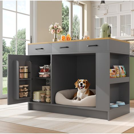 Îlot de cuisine 120x60x90 cm gris et bois naturel en MDF avec 3 tiroirs, étagère réglable et niche pour animal (1/5)