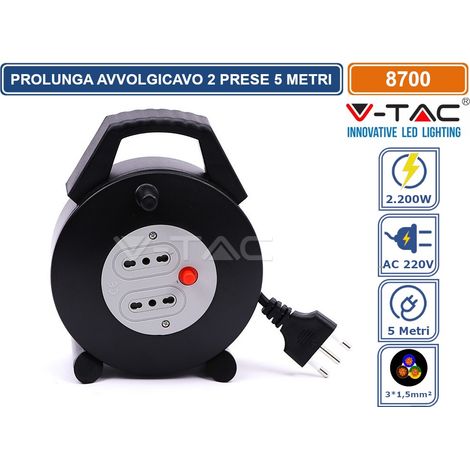 V-TAC PROLUNGA AVVOLGICAVO SPINA 16A E 2 PRESE 10/16A BIPASSO COLORE NERO - 5 METRI - SKU 8700 (1/6)