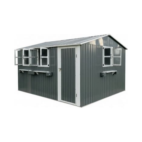 Abri De Jardin En Acier Galvanisé Gris 10,21 m² Avec Double Porte Verrouillable, 3 Fenêtres Ouvrantes Et Étagère À Fleurs