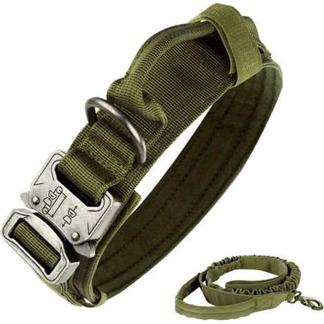 Collar táctico para perros, nailon, ajustable, collar K9, hebilla metálica resistente con asa y correa elástica táctica para perros, nailon (XL, verde militar)
