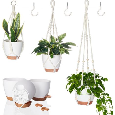Suspension Macramé 3 Pièces, Pot Suspendu Intérieur avec Fleurs Légers, Support Décoratif pour Maison et Balcon (Blanc, 3 Pots) (1/5)