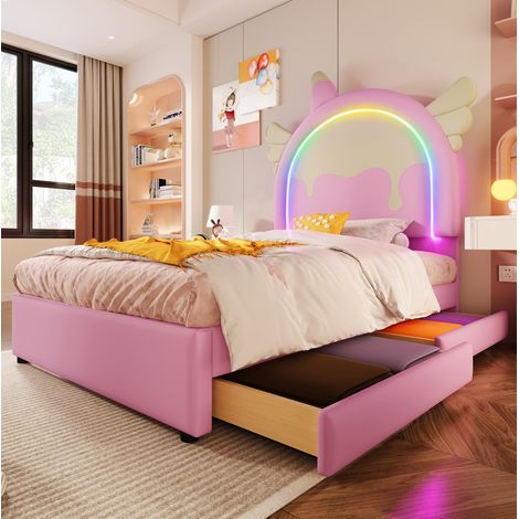 Bett Schlafbett Stauraum 90x200 PU Rosa Einhorn OKMYHOME (1/5)