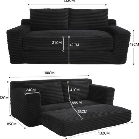 2-Sitzer-Schlafsofa Schwarz Stoff 2-in-1 mit Memory-Schaum und cordähnlichem Bezug (1/3)