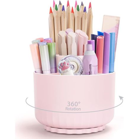 Portalápices giratorio, organizador de escritorio giratorio de 360° con 5 compartimentos, portalápices para oficina, escuela, lápices y otros artículos de papelería (rosa) (1/4)