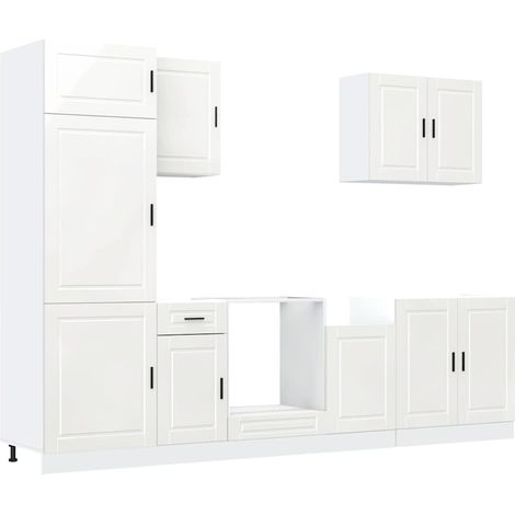 Ensemble de 7 meubles de cuisine Meuble de cuisine "Porto" en bois d'ingénierie blanc brillant (1/5)
