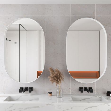 Meuble de salle de bain miroir ovale 85 x 51,5 x 12 cm, blanc, avec étagères réglables DESVIAE (1/5)