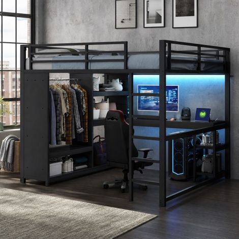 Letto a soppalco in metallo 160x200 cm nero con scrivania LED e guardaroba aperto (1/5)