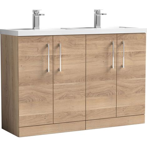 Nuie Arno Floor Standing 4-Door Vanity Unit with Double Polymarble Basin 1200mm Wide - Bleached Oak (1/4)