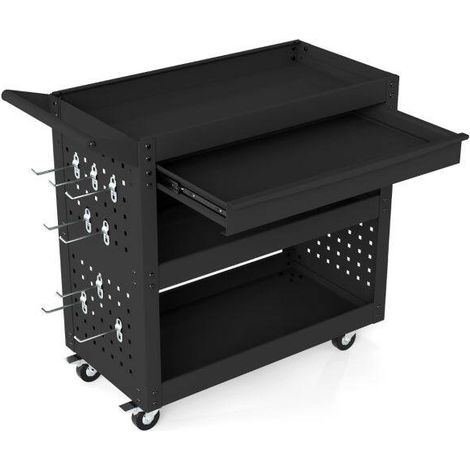 3 Tier Steel Tool Trolley with Large Drawer and 2 Pegboards-Black (1/5)