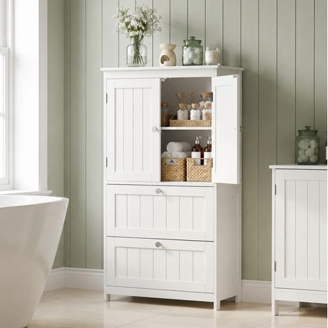 MODFU – Armario de baño de MDF con 2 puertas, 2 cajones, estante regulable, profundidad 30 cm y carga 45 kg – Blanco (1/5)