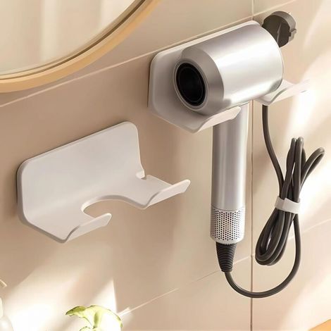 Support mural universel pour sèche-cheveux, avec prise et organiseur de câbles, autocollant pour armoires de salle de bain (1 pièce, blanc) (1/4)