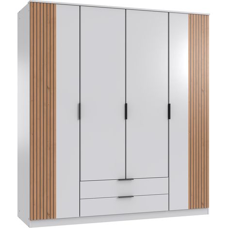 Armoire avec corniche, placard coloris blanc, rechampis imitation chêne artisan - Longueur 180 x Hauteur 199 x Profondeur 58 cm (1/3)