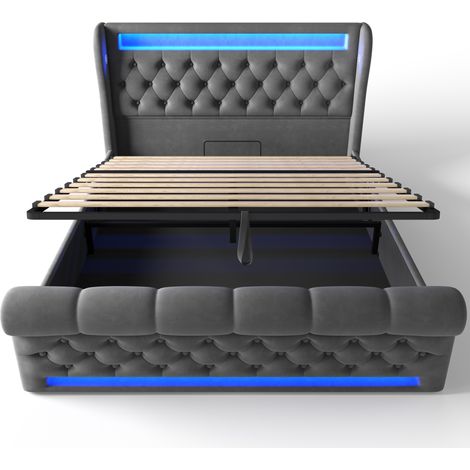 Cama doble tapizada 140 x 190 cm en terciopelo gris con LED, USB y USB-C, MODENUIT (1/5)