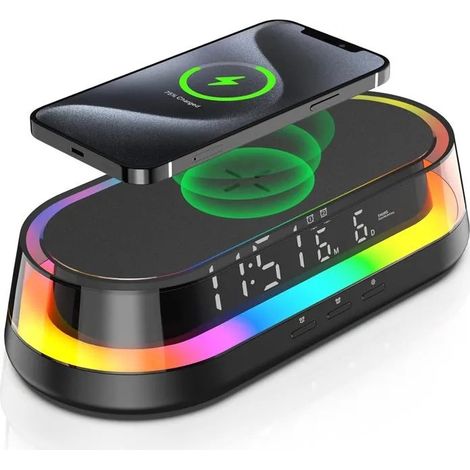 Réveil sans fil 15 W avec port USB, veilleuse, affichage LED et éclairage d'ambiance coloré (1/5)