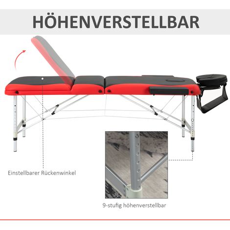 Table de massage pliable 3 zones, aluminium réglable en hauteur, avec appui-tête, accoudoirs et sac de transport, supporte 225 kg, rouge (1/5)