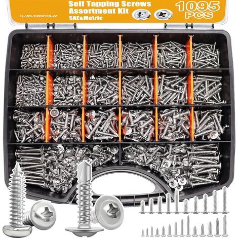 1095pcs Vises auto-rosées pour métal, M2 M3 M4 410 Kit d'assortiment de vis en acier inoxydable Oxide Truss Head et Phillips Pan Head Vide métallique (1/5)