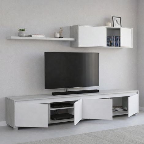 Système mural Savannah, meuble TV meuble de salon, Composition d'ensemble de salon, Ensemble de salon avec élément mural, 200x41h43 cm, Blanc et Ciment (1/5)