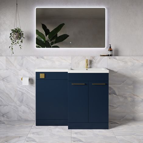 Napoli 390 Deep Blue 1100mm 2 Door Vanity Unit Toilet Suite with Square Right Hand Lucia Basin - 1100mm - Brushed Brass 160mm HandleWithout Kingston Toilet Pan