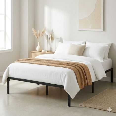 FurnitureR Double Metal Bed Frame 4FT6 Platform Bed with Steel Slats, Underbed Storage, Noise Free Heavy Duty Base, Suitable for 140x190CM Mattress, Black