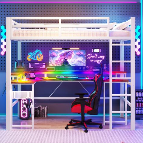 Lit surélevé 90x200 cm, structure en métal blanc, éclairage LED multicolore, espace bureau intégré, 1 prise USB-C + 1 USB + 2 prises secteur, tableau perforé, sans sommier ni matelas