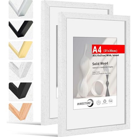 2x Bilderrahmen A4 21x30 cm Weiß Massivholz mit Passepartout für A5 (1/5)