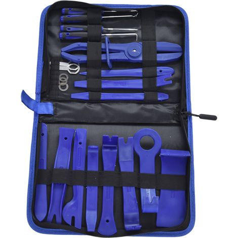 Lot de 21 outils démontage carrosserie pour retrait baguettes intérieur portière autoradio tableau bord en nylon bleu (1/5)