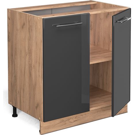 Mobile lavello cucina Fame-Line, Antracite lucido, 80 cm con ripiano, senza piano di lavoro, Vicco