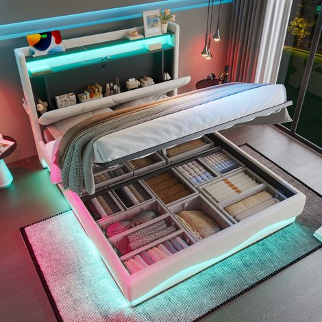 Letto contenitore adulto 140x200 cm con testiera portaoggetti, LED, USB/Type-C e base idraulica, in velluto beige, materasso non incluso (1/5)