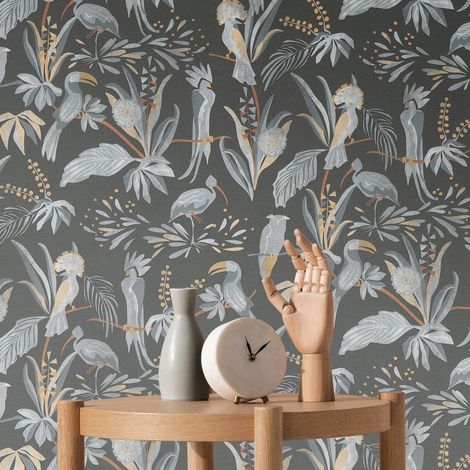 Papier peint nature noir, gris, orange Tapisserie animale et florale Papier peint style tropical exotique idéal pour couloir (1/5)