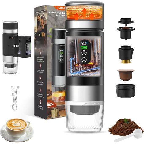 Machine à Cafe Portable,3 En 1 Cafetière à Expresso Chauffage Électrique,12V Expresso Cafetière Rechargeable,Pour Bureau,Voyage, Maison,Compatible avec les Capsules Espresso et Café Moulu (1/5)